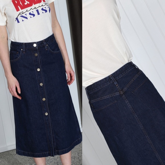 GOLDSIGN Easton Button Front A-Line Denim Midi Skirt - Picture 3 of 14